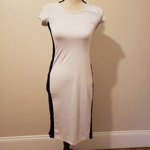 White, blue, black fitted midi dress